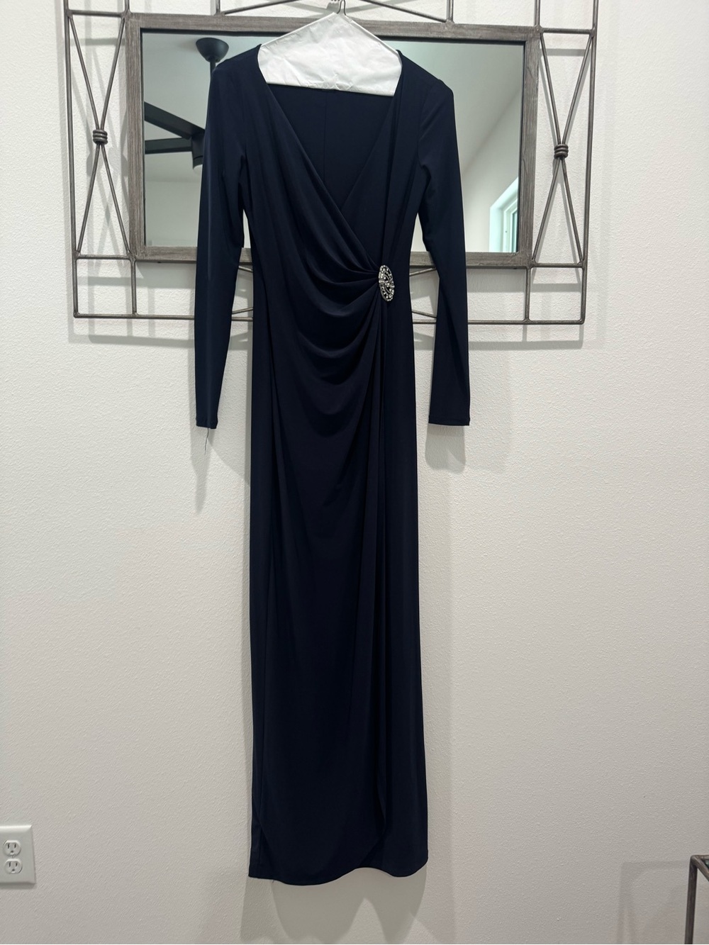 Chaps Black Draped Maxi Dress with Decorative Brooch